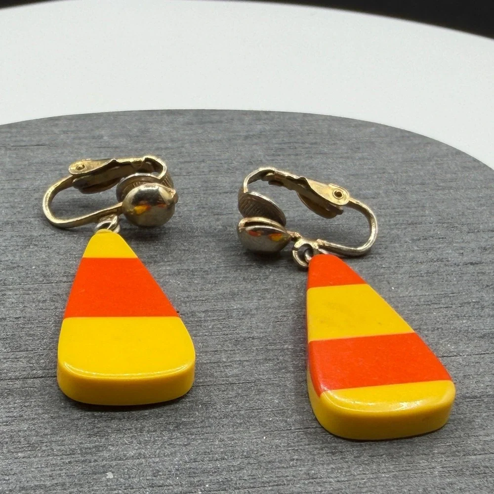 Orange Yellow Striped Drop Earrings Clip On Mod Retro Geometric Dangle 1970s